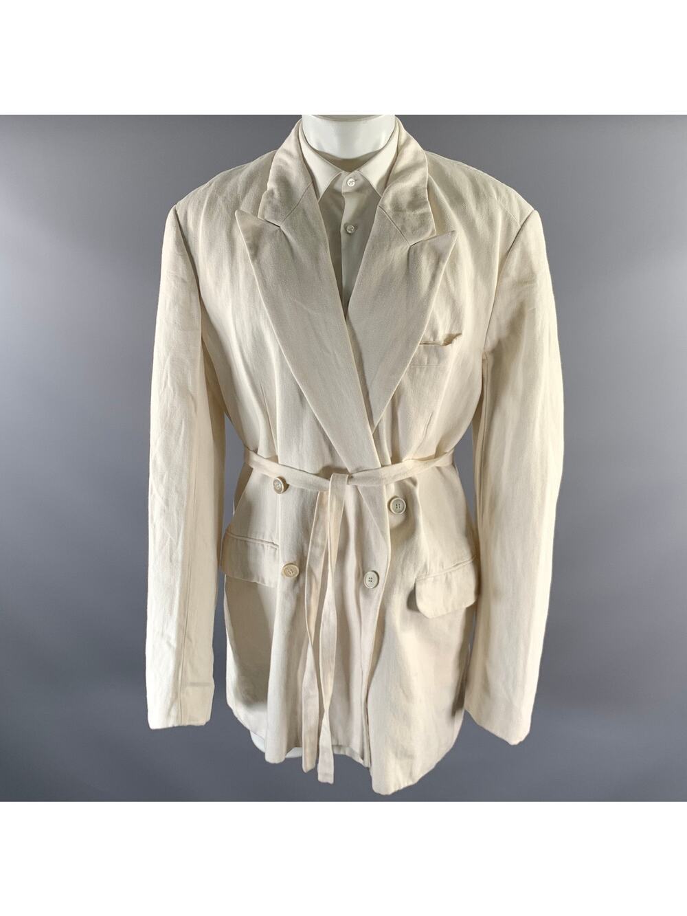 DRIES VAN NOTEN Size M Ivory Twill Linen Cotton Belted Double Breasted Blazer